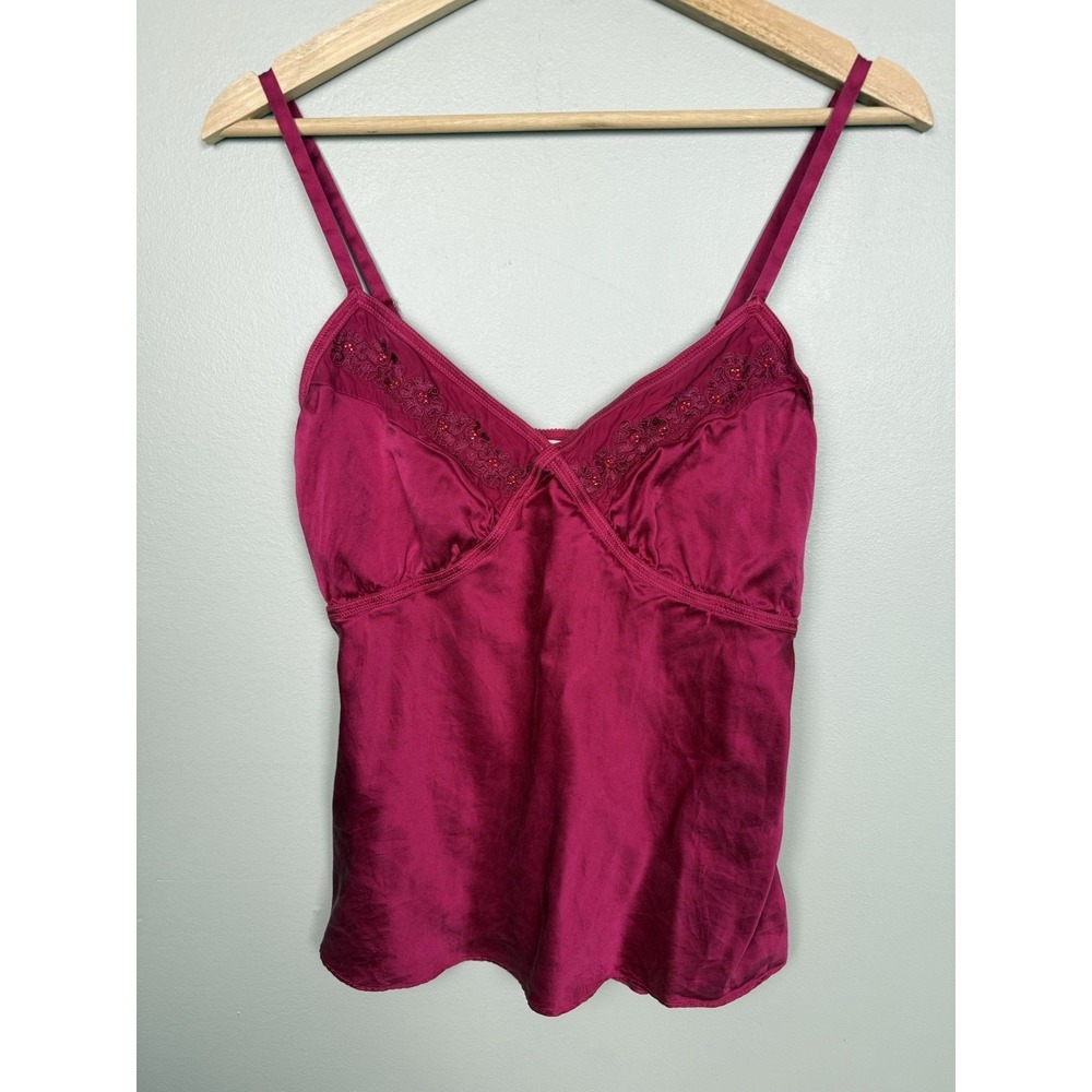Y2K Liz Claiborne Pink 100% Silk Camisole Beaded Embroidered Babydoll Tank Top M